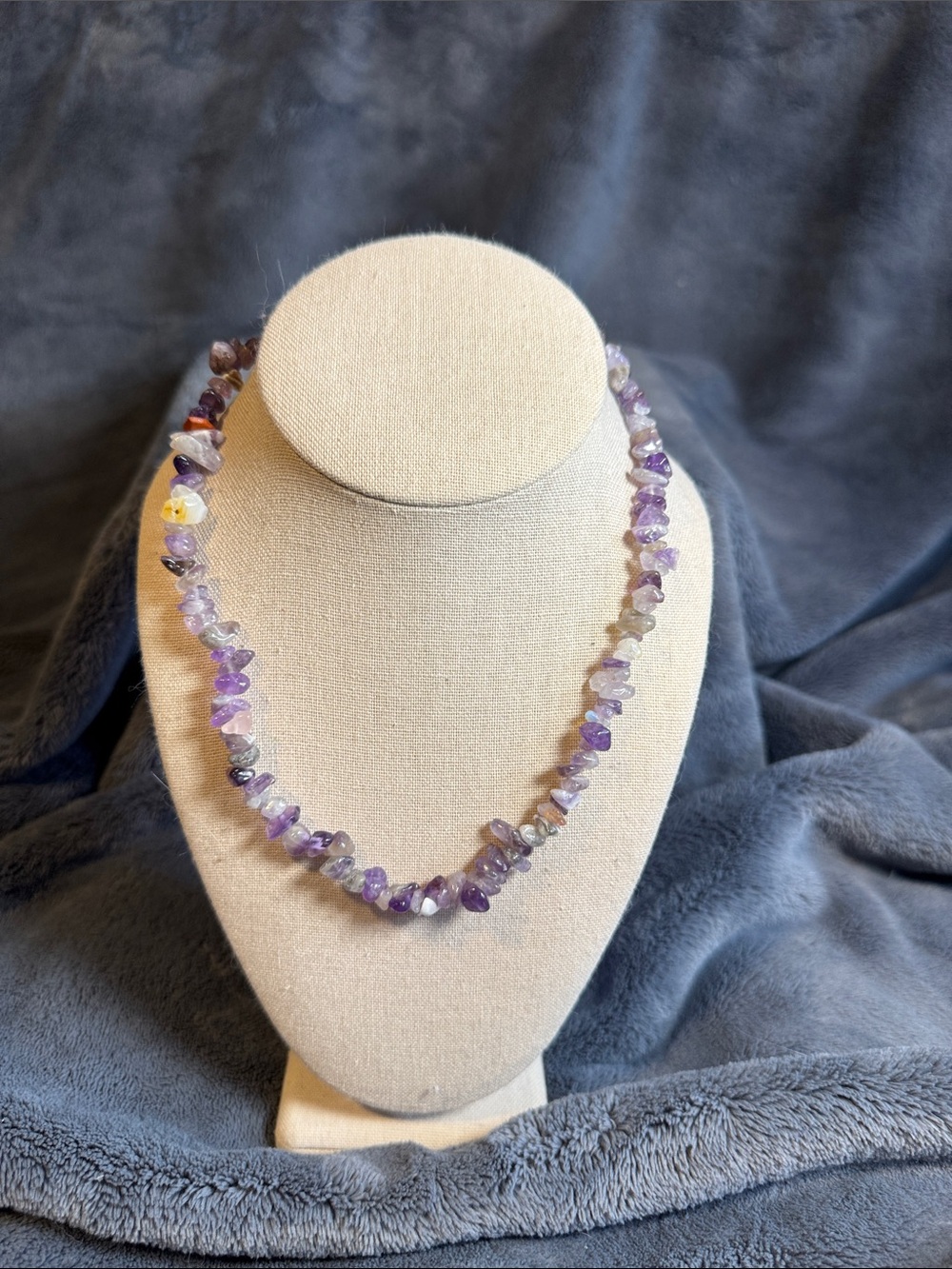 Amethyst Chip Beaded Necklace, Lavender, White, and Smoke Chips: Handmade